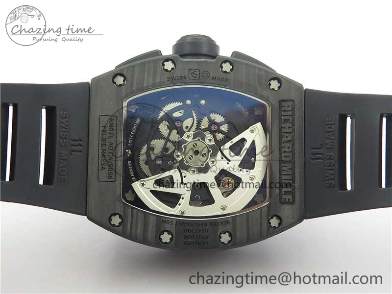 RM011 Carbon Case Carbon Bezel Chronograph KVF 1:1 Best Edition Skeleton Dial on Black Rubber Strap A7750