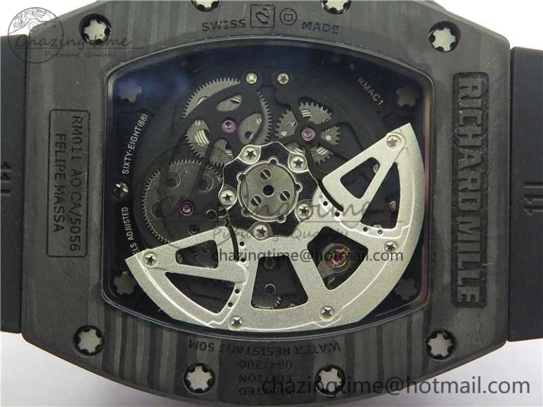 RM011 Carbon Case Carbon Bezel Chronograph KVF 1:1 Best Edition Skeleton Dial on Black Rubber Strap A7750