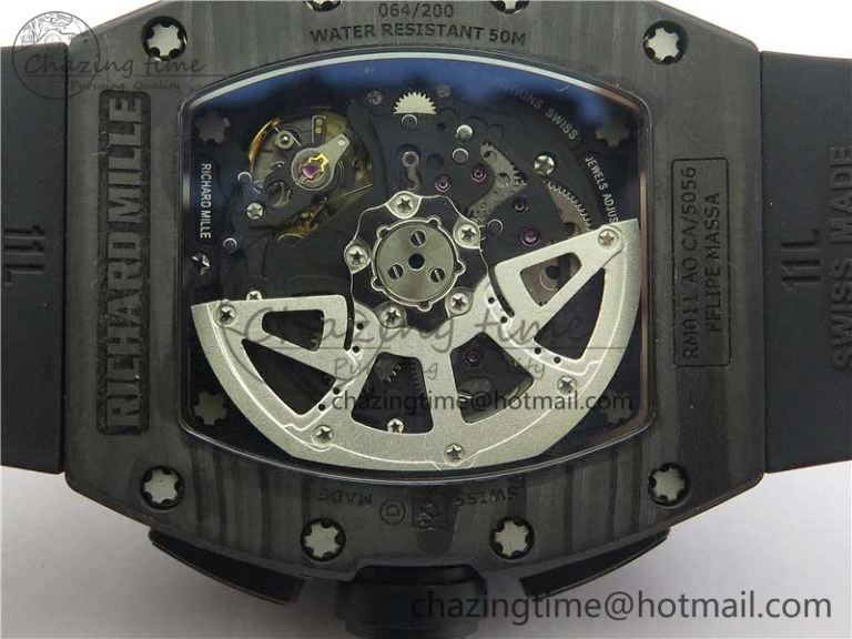 RM011 Carbon Case Carbon Bezel Chronograph KVF 1:1 Best Edition Skeleton Dial on Black Rubber Strap A7750