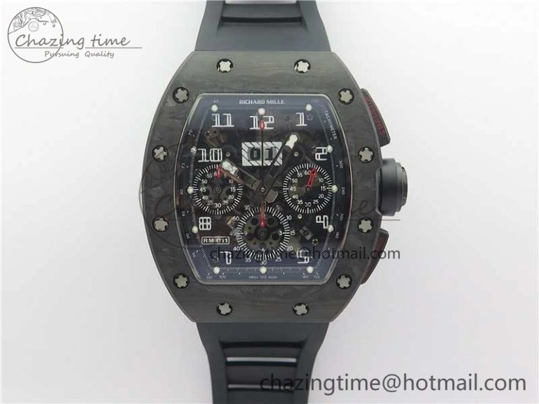RM011 Carbon Case Carbon Bezel Chronograph KVF 1:1 Best Edition Skeleton Dial on Black Rubber Strap A7750