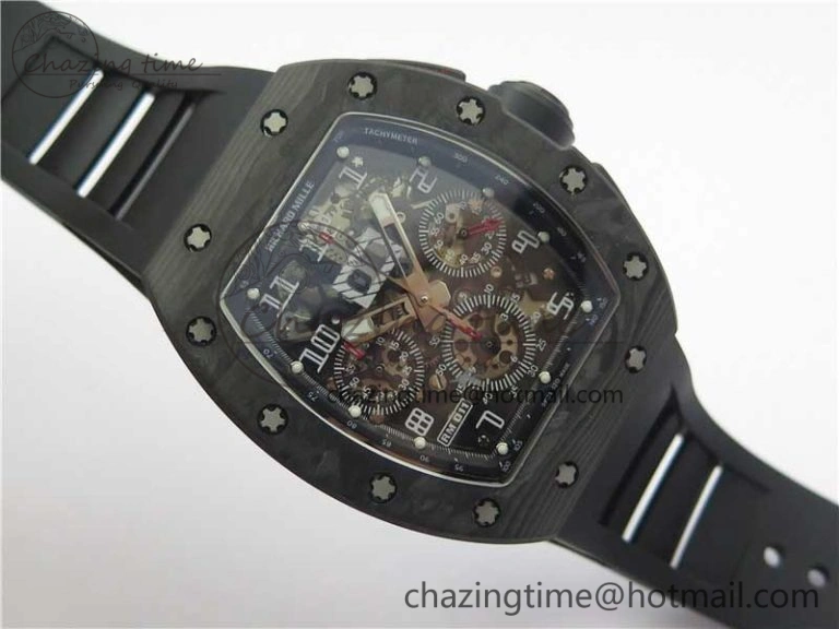 RM011 Carbon Case Carbon Bezel Chronograph KVF 1:1 Best Edition Skeleton Dial on Black Rubber Strap A7750