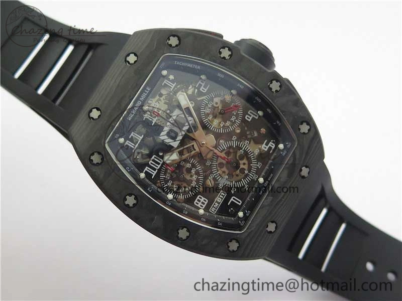 RM011 Carbon Case Carbon Bezel Chronograph KVF 1:1 Best Edition Skeleton Dial on Black Rubber Strap A7750