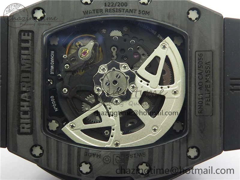 RM011 Carbon Case Carbon Bezel Chronograph KVF 1:1 Best Edition Skeleton Dial(Red Inner Bezel) on Black Rubber Strap A7750 V2