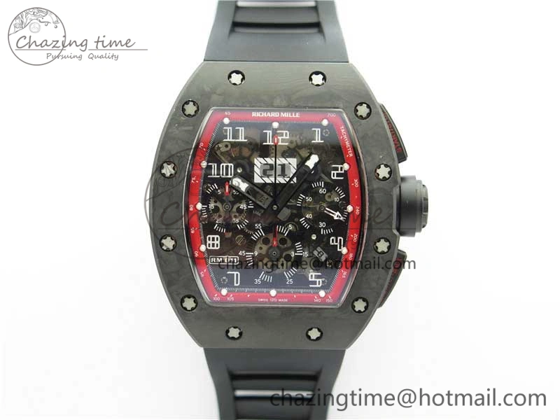 RM011 Carbon Case Carbon Bezel Chronograph KVF 1:1 Best Edition Skeleton Dial(Red Inner Bezel) on Black Rubber Strap A7750 V2