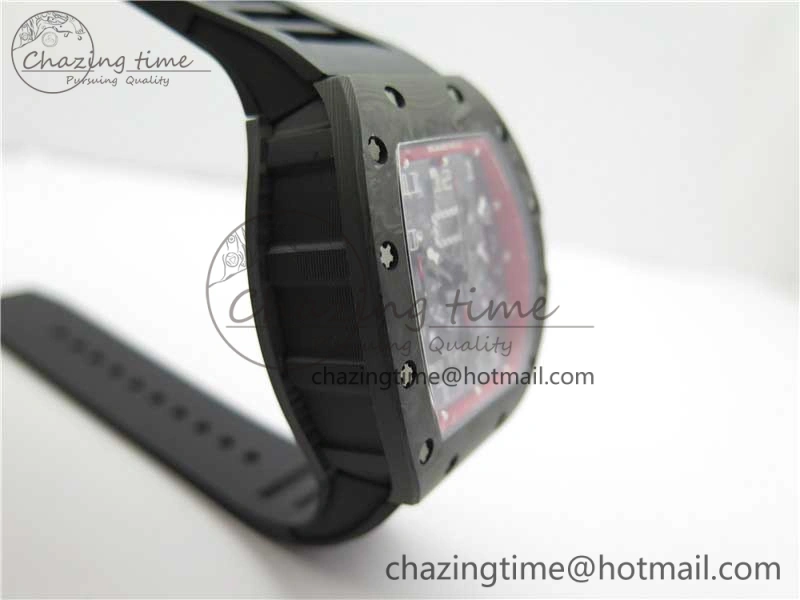 RM011 Carbon Case Carbon Bezel Chronograph KVF 1:1 Best Edition Skeleton Dial(Red Inner Bezel) on Black Rubber Strap A7750 V2