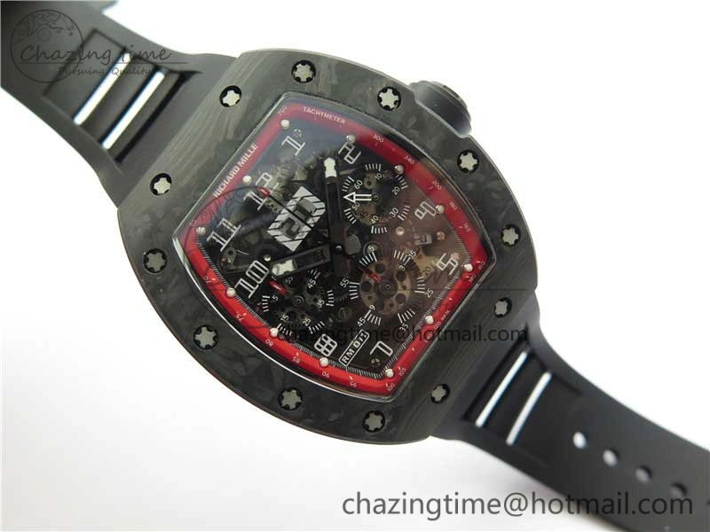 RM011 Carbon Case Carbon Bezel Chronograph KVF 1:1 Best Edition Skeleton Dial(Red Inner Bezel) on Black Rubber Strap A7750 V2