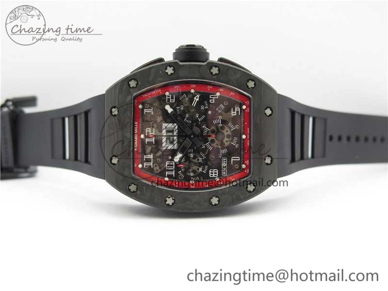 RM011 Carbon Case Carbon Bezel Chronograph KVF 1:1 Best Edition Skeleton Dial(Red Inner Bezel) on Black Rubber Strap A7750 V2