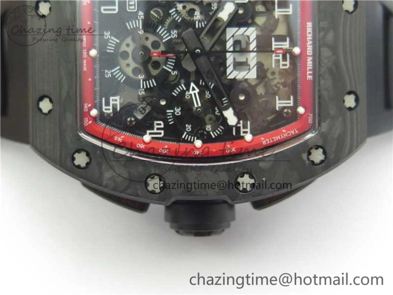 RM011 Carbon Case Carbon Bezel Chronograph KVF 1:1 Best Edition Skeleton Dial(Red Inner Bezel) on Black Rubber Strap A7750 V2