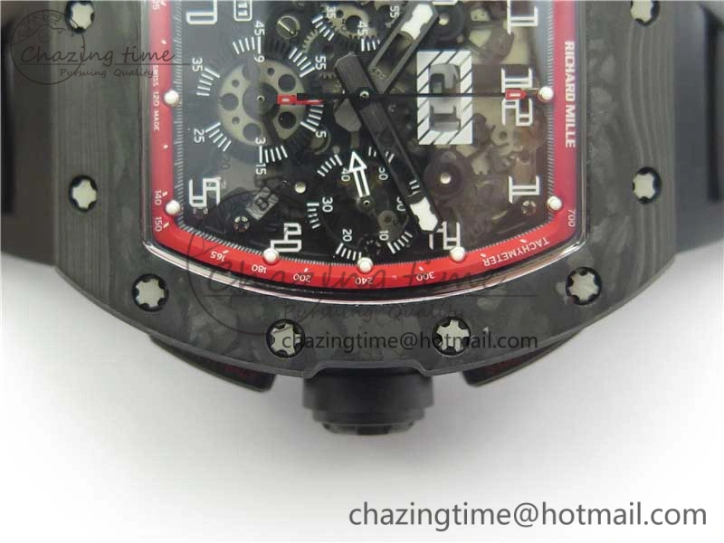 RM011 Carbon Case Carbon Bezel Chronograph KVF 1:1 Best Edition Skeleton Dial(Red Inner Bezel) on Black Rubber Strap A7750 V2