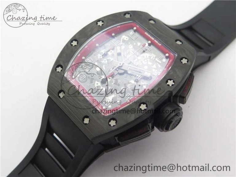 RM011 Carbon Case Carbon Bezel Chronograph KVF 1:1 Best Edition Skeleton Dial(Red Inner Bezel) on Black Rubber Strap A7750 V2