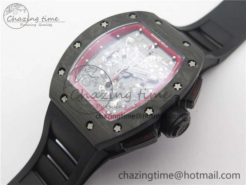 RM011 Carbon Case Carbon Bezel Chronograph KVF 1:1 Best Edition Skeleton Dial(Red Inner Bezel) on Black Rubber Strap A7750 V2