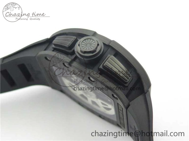 RM011 Carbon Case Carbon Bezel Chronograph KVF 1:1 Best Edition Skeleton Dial(Red Inner Bezel) on Black Rubber Strap A7750 V2