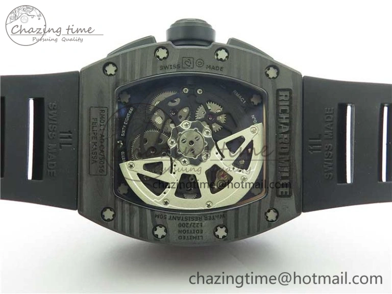 RM011 Carbon Case Carbon Bezel Chronograph KVF 1:1 Best Edition Skeleton Dial(Red Inner Bezel) on Black Rubber Strap A7750 V2