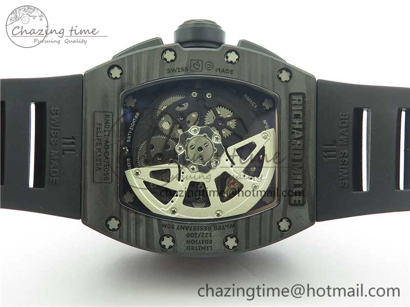 RM011 Carbon Case Carbon Bezel Chronograph KVF 1:1 Best Edition Skeleton Dial(Red Inner Bezel) on Black Rubber Strap A7750 V2