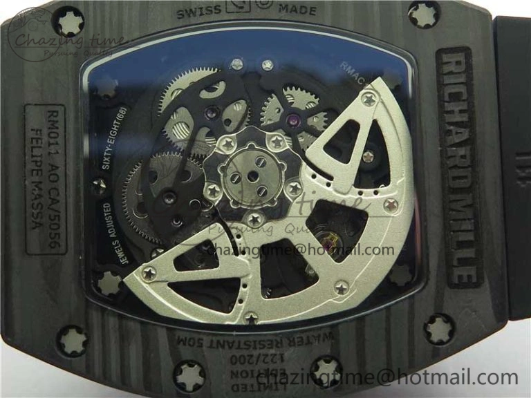 RM011 Carbon Case Carbon Bezel Chronograph KVF 1:1 Best Edition Skeleton Dial(Red Inner Bezel) on Black Rubber Strap A7750 V2
