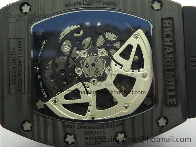 RM011 Carbon Case Carbon Bezel Chronograph KVF 1:1 Best Edition Skeleton Dial(Red Inner Bezel) on Black Rubber Strap A7750 V2