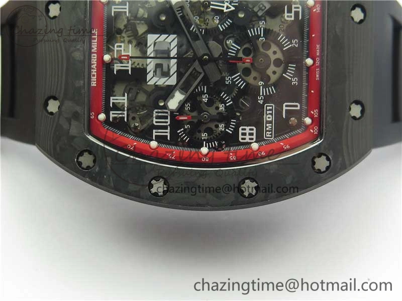 RM011 Carbon Case Carbon Bezel Chronograph KVF 1:1 Best Edition Skeleton Dial(Red Inner Bezel) on Black Rubber Strap A7750 V2
