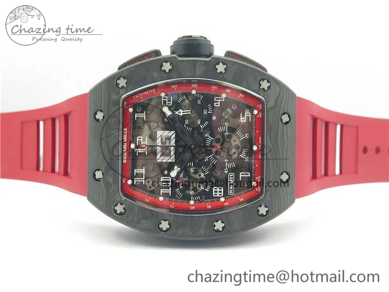 RM011 Carbon Case Carbon Bezel Chronograph KVF 1:1 Best Edition Skeleton Dial(Red Inner Bezel) on Red Rubber Strap A7750 V2