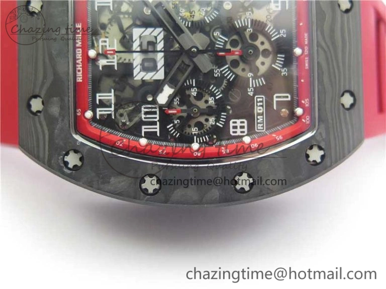 RM011 Carbon Case Carbon Bezel Chronograph KVF 1:1 Best Edition Skeleton Dial(Red Inner Bezel) on Red Rubber Strap A7750 V2