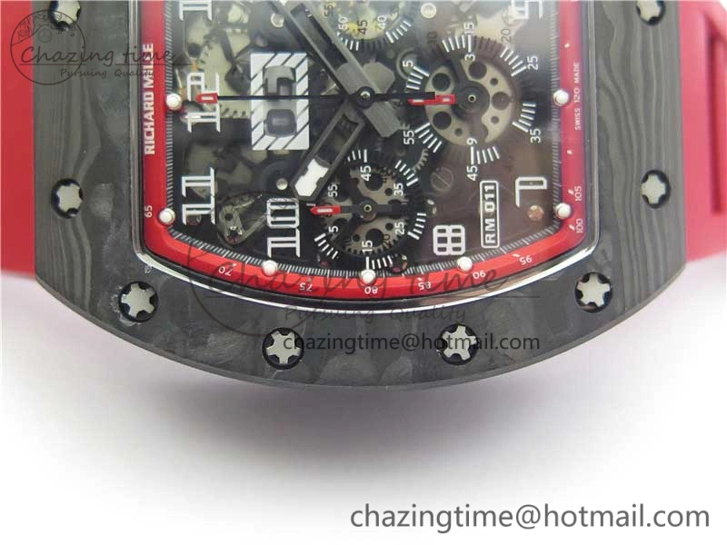 RM011 Carbon Case Carbon Bezel Chronograph KVF 1:1 Best Edition Skeleton Dial(Red Inner Bezel) on Red Rubber Strap A7750 V2