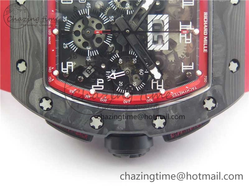 RM011 Carbon Case Carbon Bezel Chronograph KVF 1:1 Best Edition Skeleton Dial(Red Inner Bezel) on Red Rubber Strap A7750 V2