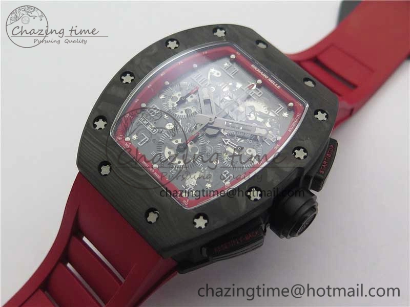 RM011 Carbon Case Carbon Bezel Chronograph KVF 1:1 Best Edition Skeleton Dial(Red Inner Bezel) on Red Rubber Strap A7750 V2