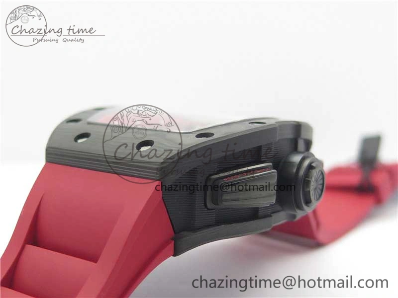 RM011 Carbon Case Carbon Bezel Chronograph KVF 1:1 Best Edition Skeleton Dial(Red Inner Bezel) on Red Rubber Strap A7750 V2