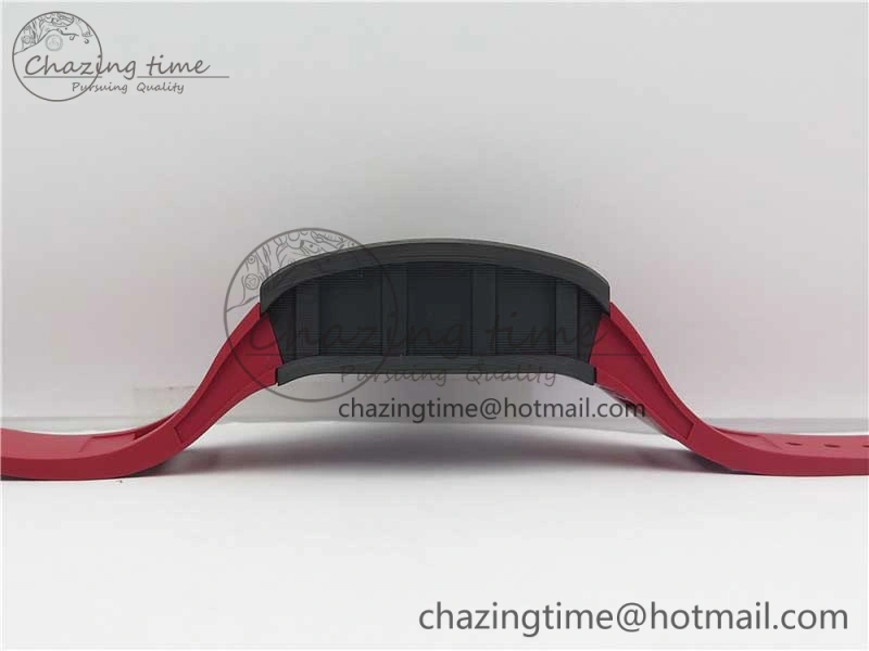 RM011 Carbon Case Carbon Bezel Chronograph KVF 1:1 Best Edition Skeleton Dial(Red Inner Bezel) on Red Rubber Strap A7750 V2