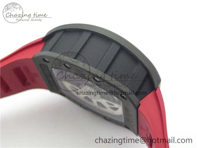 RM011 Carbon Case Carbon Bezel Chronograph KVF 1:1 Best Edition Skeleton Dial(Red Inner Bezel) on Red Rubber Strap A7750 V2