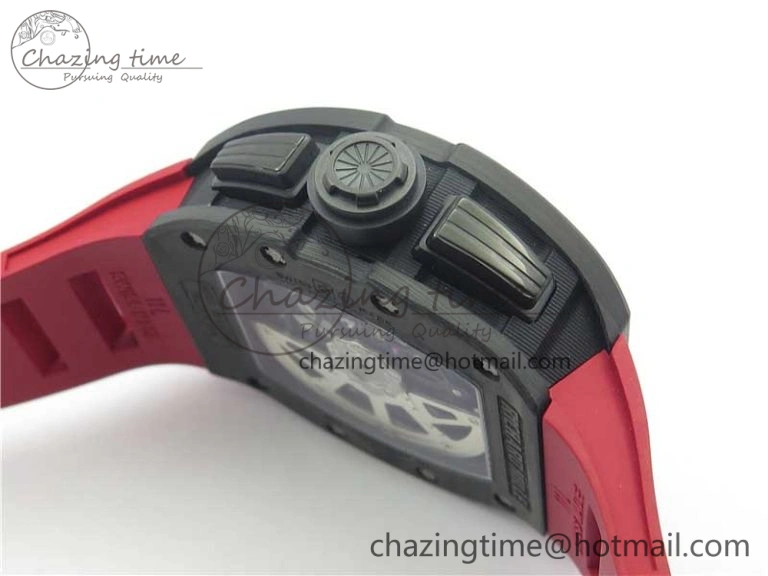 RM011 Carbon Case Carbon Bezel Chronograph KVF 1:1 Best Edition Skeleton Dial(Red Inner Bezel) on Red Rubber Strap A7750 V2