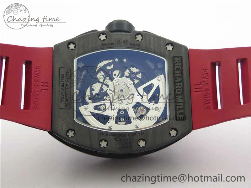 RM011 Carbon Case Carbon Bezel Chronograph KVF 1:1 Best Edition Skeleton Dial(Red Inner Bezel) on Red Rubber Strap A7750 V2