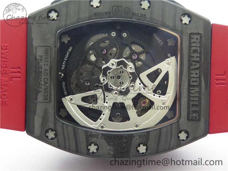 RM011 Carbon Case Carbon Bezel Chronograph KVF 1:1 Best Edition Skeleton Dial(Red Inner Bezel) on Red Rubber Strap A7750 V2
