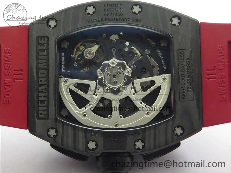 RM011 Carbon Case Carbon Bezel Chronograph KVF 1:1 Best Edition Skeleton Dial(Red Inner Bezel) on Red Rubber Strap A7750 V2