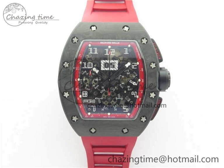 RM011 Carbon Case Carbon Bezel Chronograph KVF 1:1 Best Edition Skeleton Dial(Red Inner Bezel) on Red Rubber Strap A7750 V2