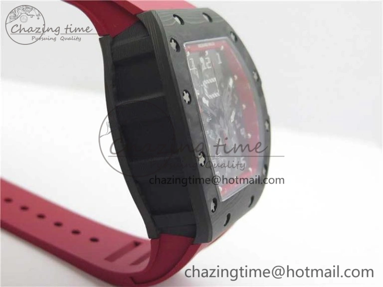 RM011 Carbon Case Carbon Bezel Chronograph KVF 1:1 Best Edition Skeleton Dial(Red Inner Bezel) on Red Rubber Strap A7750 V2