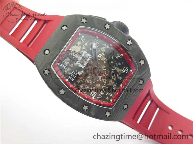 RM011 Carbon Case Carbon Bezel Chronograph KVF 1:1 Best Edition Skeleton Dial(Red Inner Bezel) on Red Rubber Strap A7750 V2