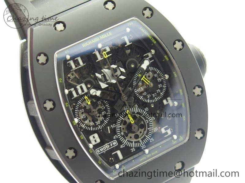 RM011 Carbon Case Chrono KVF 1:1 Best Edition Ceramic Bezel Skeleton Dial On Rubber Strap A7750