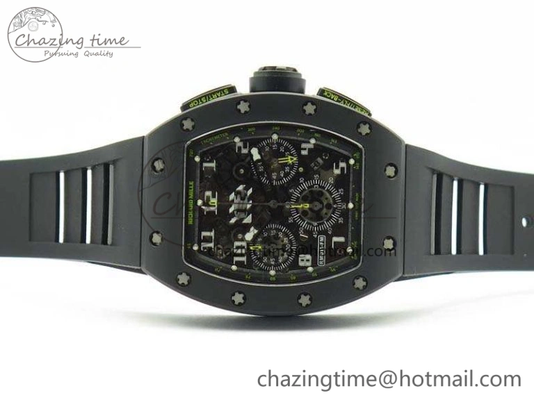 RM011 Carbon Case Chrono KVF 1:1 Best Edition Ceramic Bezel Skeleton Dial On Rubber Strap A7750