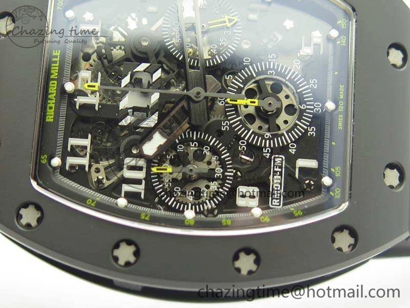 RM011 Carbon Case Chrono KVF 1:1 Best Edition Ceramic Bezel Skeleton Dial On Rubber Strap A7750