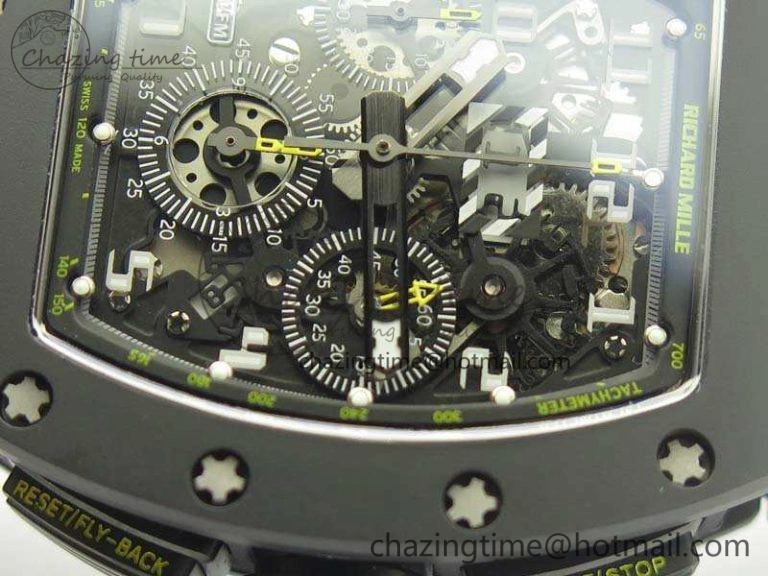 RM011 Carbon Case Chrono KVF 1:1 Best Edition Ceramic Bezel Skeleton Dial On Rubber Strap A7750