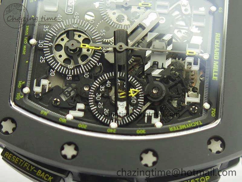 RM011 Carbon Case Chrono KVF 1:1 Best Edition Ceramic Bezel Skeleton Dial On Rubber Strap A7750