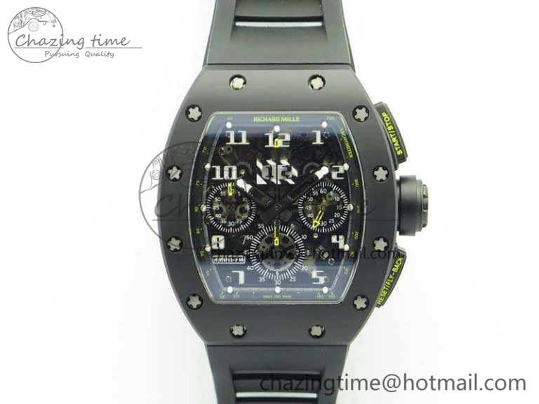 RM011 Carbon Case Chrono KVF 1:1 Best Edition Ceramic Bezel Skeleton Dial On Rubber Strap A7750