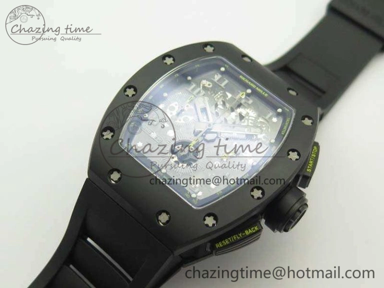 RM011 Carbon Case Chrono KVF 1:1 Best Edition Ceramic Bezel Skeleton Dial On Rubber Strap A7750