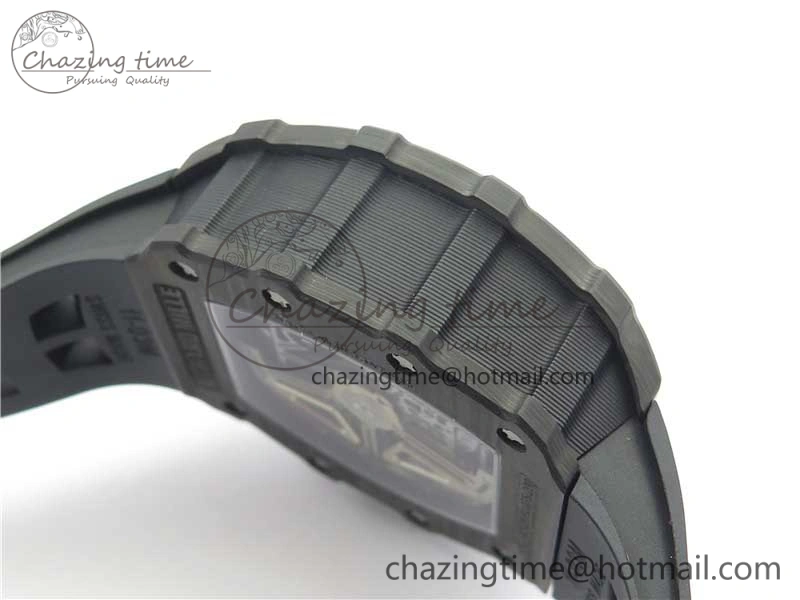 RM011 Carbon Case Chrono KVF 1:1 Best Edition Crystal Skeleton Yellow Dial on Black Racing Rubber Strap A7750 V2