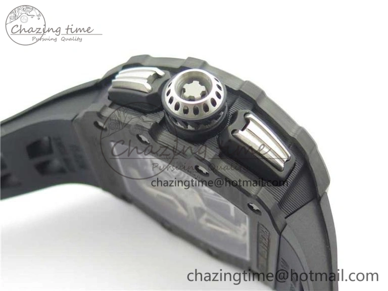 RM011 Carbon Case Chrono KVF 1:1 Best Edition Crystal Skeleton Yellow Dial on Black Racing Rubber Strap A7750 V2