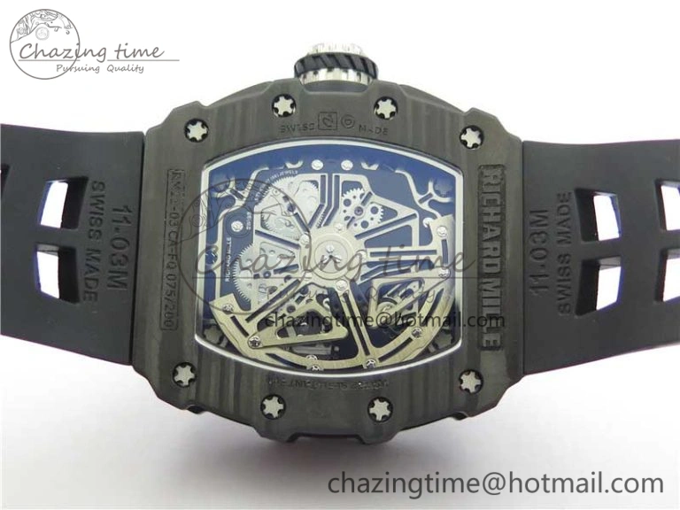 RM011 Carbon Case Chrono KVF 1:1 Best Edition Crystal Skeleton Yellow Dial on Black Racing Rubber Strap A7750 V2