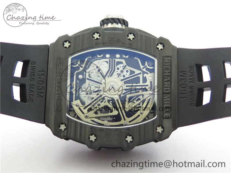 RM011 Carbon Case Chrono KVF 1:1 Best Edition Crystal Skeleton Yellow Dial on Black Racing Rubber Strap A7750 V2