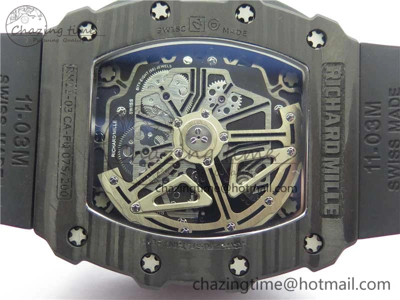 RM011 Carbon Case Chrono KVF 1:1 Best Edition Crystal Skeleton Yellow Dial on Black Racing Rubber Strap A7750 V2