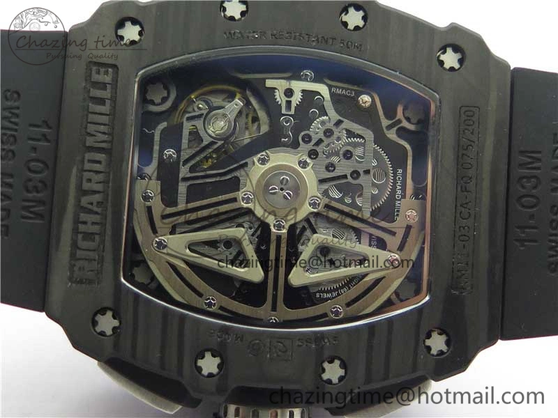 RM011 Carbon Case Chrono KVF 1:1 Best Edition Crystal Skeleton Yellow Dial on Black Racing Rubber Strap A7750 V2