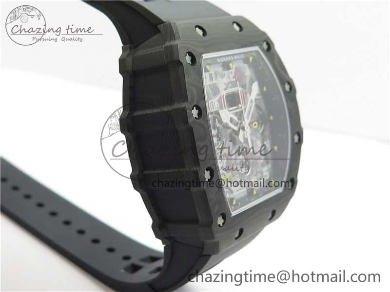 RM011 Carbon Case Chrono KVF 1:1 Best Edition Crystal Skeleton Yellow Dial on Black Racing Rubber Strap A7750 V2